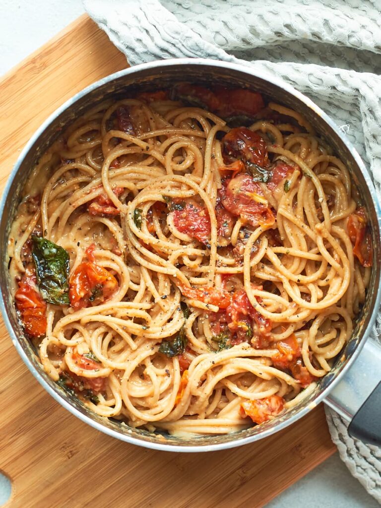 Creamy Vegan Tomato Spaghetti Carbonara - Forkful of Plants