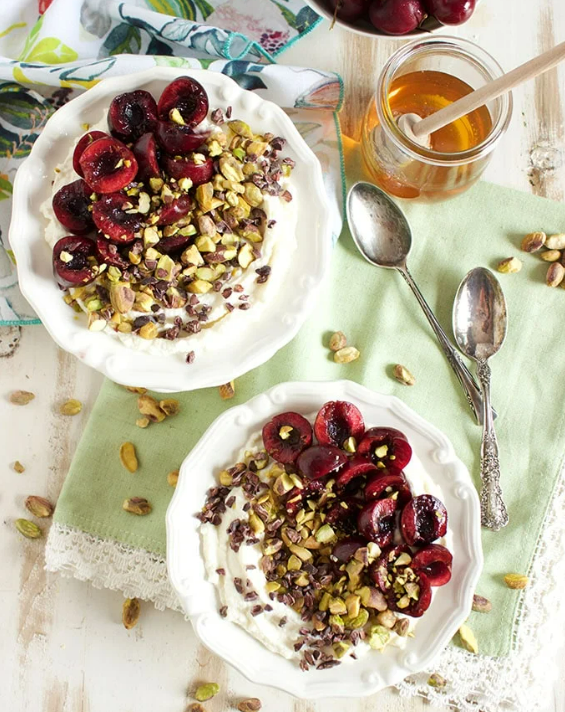 Cherry Pistachio Ricotta Bowl with Honey Cacao Nibs - The Suburban Soap Box