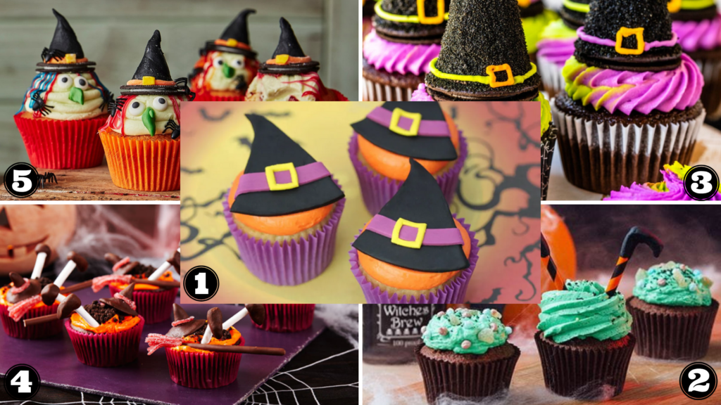 Halloween Witch-Themed Cupcakes
For the perfect Halloween cupcakes (or cupcakes for any other occasion/time of year) make sure that you don’t over-mix the batter. When you do this, you essentially beat out all the bubbles and airiness, which will leave you with dense, chewy cupcakes instead of light, airy ones. 
If you do end up with cupcakes that are dense or otherwise not right, don’t throw them away. Put something unpleasant in the centre, such as chilli chutney instead of jam, and call it a trick instead of a treat! I’m a genius, right? 
1.	Witch Hat Cupcakes (Cupcake, Buttercream, Fondant) by Good to Know
2.	Cauldron and Witch Feet Chocolate Cupcake with Green Buttercream by Bake with Stork
3.	Witch Hat Caramel Cupcakes (Chocolate Cupcake, Caramel Filling, Buttercream, Ice Cream Cone, Cookies) by Pie and Tacos
4.	Fallen Witch Cupcakes by Betty Crocker
Halloween Witch-Themed Cupcakes