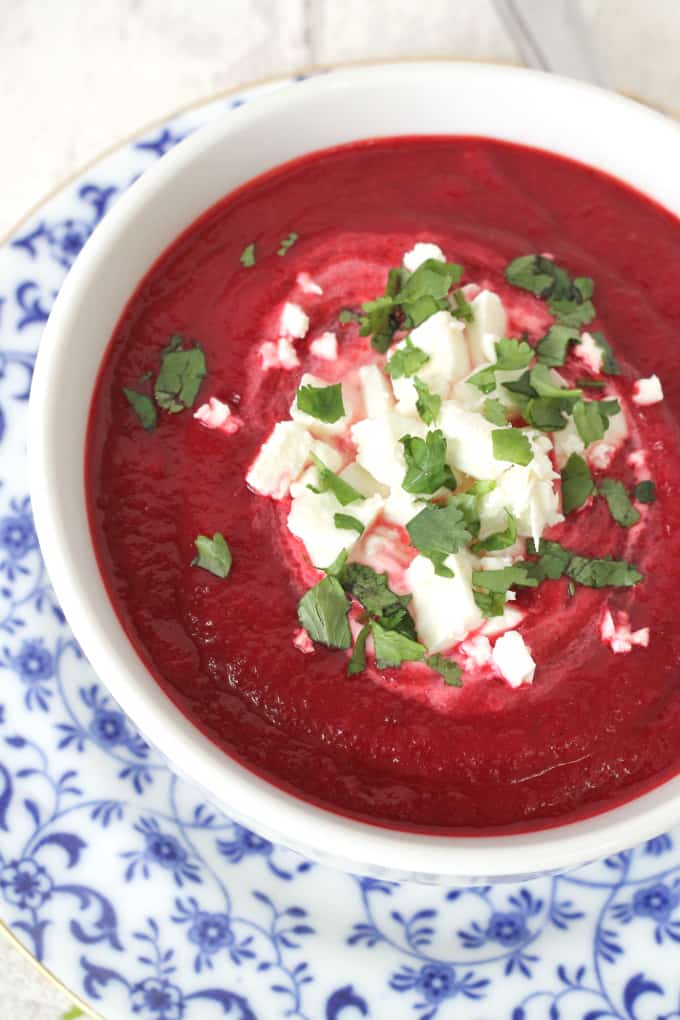 Beetroot and Carrot Soup with Feta Cheese by My Fussy Eater