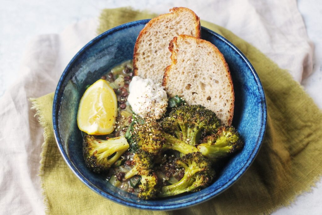 Vegan Spicy Spinach and Lentil Stew with Roasted Broccoli by Supper in the Suburbs