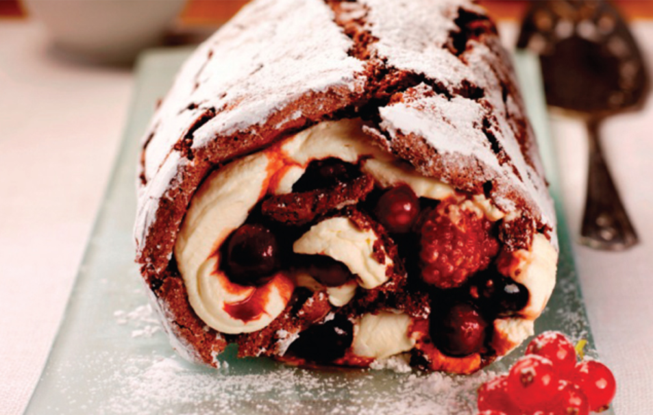 Chocolate Roulade with Spiced Berry Compote and Cointreau Cream by Ocado