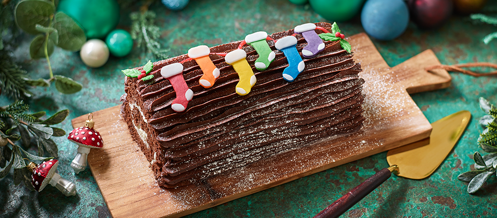 Chocolate Yule Log with Stockings by Prue Leith GBBO