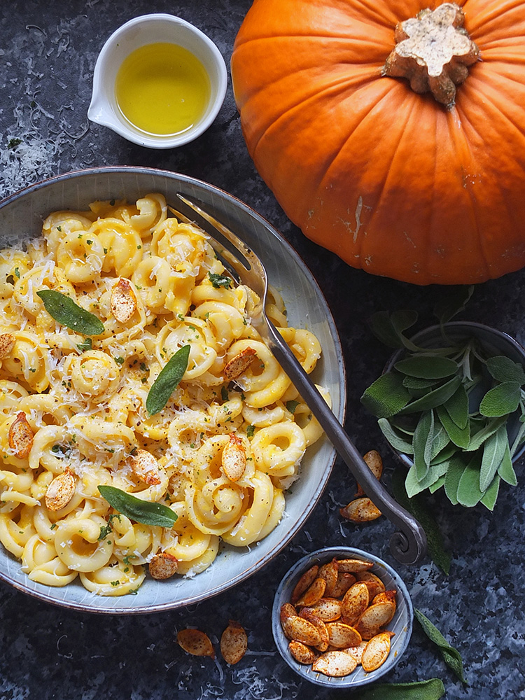 Creamy Roasted Pumpkin Pasta with Fried Sage and Chilli Pumpkin Seeds by Elizabeth's Kitchen Diary