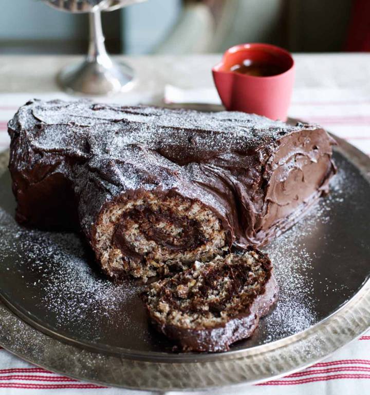 Pecan Yule Log with Caramel Sauce by Sainsbury's Magazine