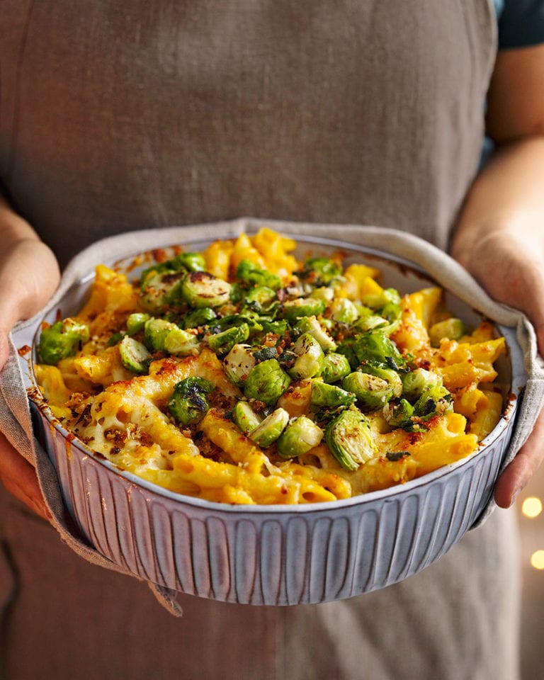 Pumpkin and Brussels Sprouts Pasta Bake by Delicious Magazine