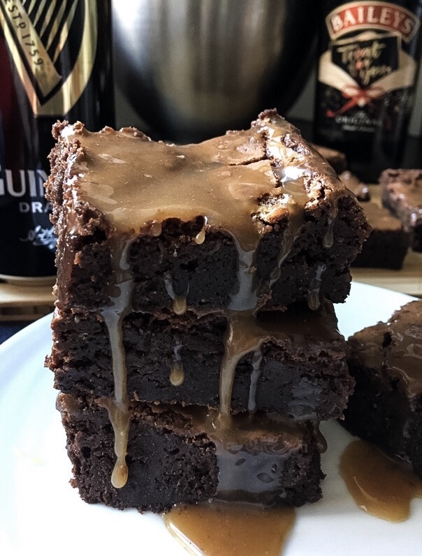 Guinness Brownies with Salted Caramel Baileys Glaze by Something Sweet Something Savoury